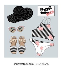 Bikini with stripes black and white vector of hand drawn fashion illustration. A set of summer outfit collection with accessories