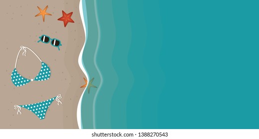 bikini and sunglasses on a beautiful beach with starfish vector illustration EPS10