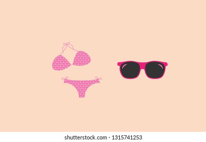 Bikini and sunglassess on background vector illustration.