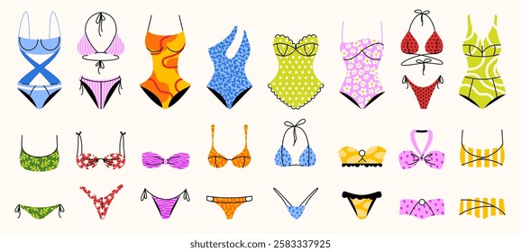 Bikini swim suit. Woman summer swimwear clothing, girl beachwear underwear, fashion striped swimsuit models different styles. Vector swimming clothes isolated set.