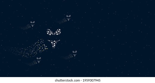 A bikini symbol filled with dots flies through the stars leaving a trail behind. Four small symbols around. Empty space for text on the right. Vector illustration on dark blue background with stars