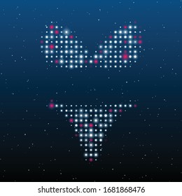 Símbolo bikini relleno de puntos blancos. Algunos puntos son rosas. Ilustración vectorial sobre fondo azul con estrellas