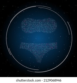 The bikini symbol filled with white dots. Pointillism style. Some dots is pink. Vector illustration on blue background with stars