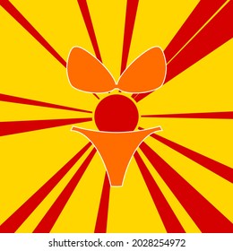 Bikini symbol on a background of red flash explosion radial lines. The large orange symbol is located in the center of the sun, symbolizing the sunrise. Vector illustration on yellow background