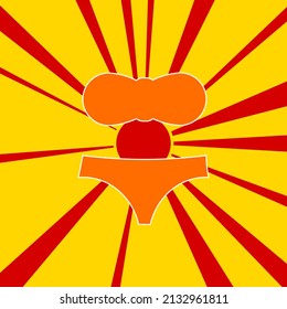 Bikini symbol on a background of red flash explosion radial lines. The large orange symbol is located in the center of the sun, symbolizing the sunrise. Vector illustration on yellow background