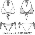 Bikini technical fashion flat. Swimsuit vector illustration with front and back view, white color, editable mockup template.