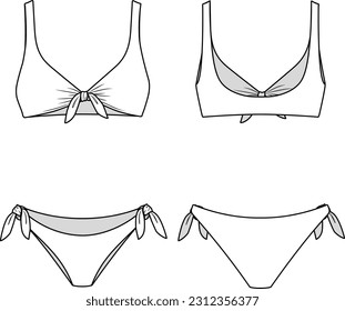 Bikini technical fashion flat. Swimsuit vector illustration with front and back view, white color, editable mockup template.