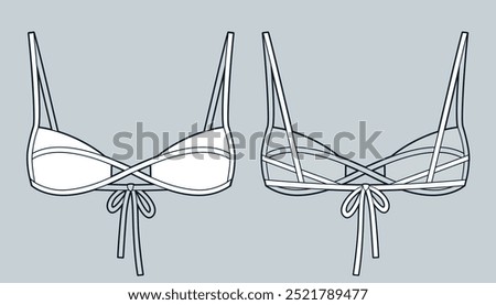 Bikini Top fashion flat technical drawing template. Bra technical fashion Illustration, front and back view, white, women Swimwear CAD mockup.