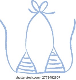 Bikini top with halter ties and striped cups drawn in crayon strokes. Symbol of summer, beachwear, vacation, and carefree leisure. Cartoon vector illustration.