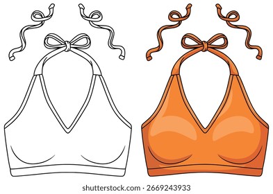Bikini top vector design featuring a detailed black and white outline next to a vibrant orange flat cartoon style version for swimwear and fashion creative projects