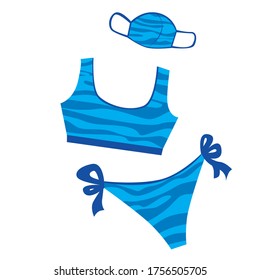 Bikini or trikini with swimming trunks and a face mask for swimming and sunbathing during a pandemic. Stock vector flat illustration with bathing suit or bikini isolated on white background