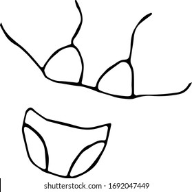 Bikini two piece swimsuit in hand drawn doodle style isolated on white background. Сoncept of summer vacation, swim, sunbathing, clothes. Vector outline illustration.