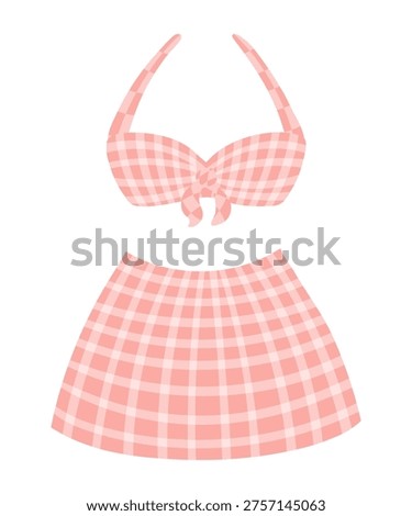 Bikini, two piece swimsuit, retro pink swimming suit with skirt illustration isolated. Woman beachwear. Summer holidays, resort, pool, water sport. Flat design, clip art element, hand drawn vector