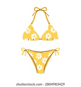 Bikini two piece swimsuit yellow swimwear daisy floral apparel. Summer beachwear fashion clothing patterned halter outline silhouette. Women swimming suit vacation resort print garment