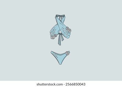 A bikini is a type of women's swimwear that typically consists of two separate pieces: a top and a bottom. The top usually covers the chest and may vary in style (e.g., halter, bandeau, or triangle), 