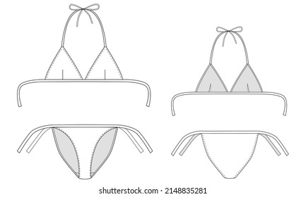 Bikini vector illustration isolated on white background, front and back view. Technical drawing for fashion design. Top and bottom