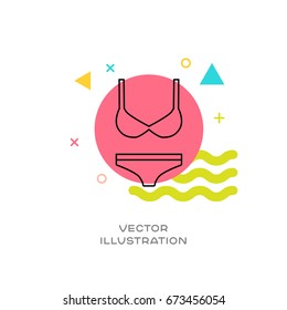 Bikini vector vector line logo icon with colorful design elements memphis styled in background
