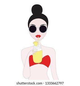 Bikini woman drinking a pineapple juice vector summer background