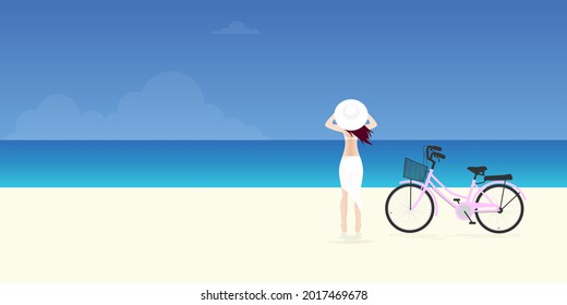 Bikini woman parked the bicycle and happily standing on tropical beach background, Flat illustration vector.