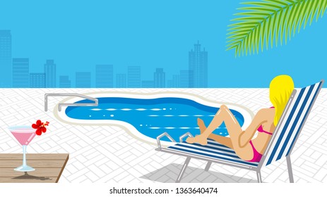 Bikini woman sitting on the chaise chair in resort pool - copy space