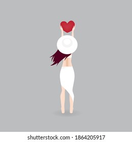Bikini woman standing and holding a red heart shape in hands isolated on gray Background illustration vector