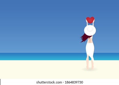 Bikini woman standing and holding a red heart shape in hands on beach background illustration vector