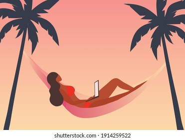 Bikini woman using laptop computer on sunset beach vector illustration.  Freelance work, work from anywhere concept  