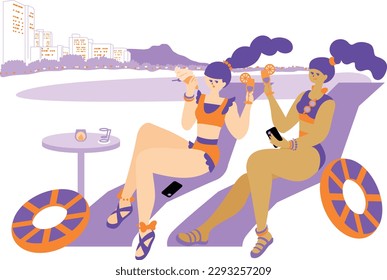 bikini women in enjoying vacation on resort beach.cheers