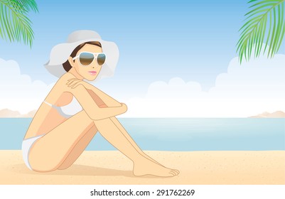 Bikini women wear sunglasses relax on beach of the sea