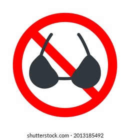 No se permite el bikinis, signo rojo prohibido con el icono del vestido del sostén de la mujer aislado en fondo blanco
