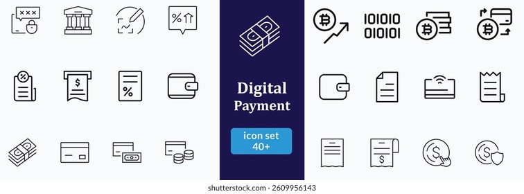 Bil and Payment line icon set. Outline bil and payment method symbols. Money transfer. Banking, credit card, cash and transaction symbol. Vector illustration