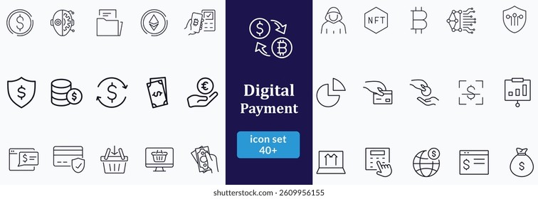 Bil and Payment line icon set. Outline bil and payment method symbols. Money transfer. Banking, credit card, cash and transaction symbol. Vector illustration