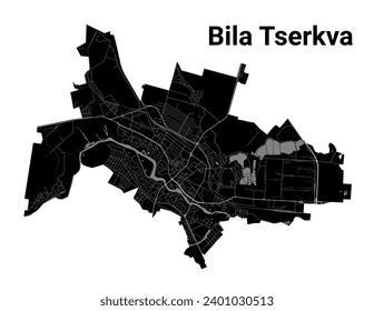 Mapa de la ciudad de Bila Tserkva, Ucrania. Fronteras administrativas municipales, mapa de zonas negras y blancas con ríos y carreteras, parques y ferrocarriles. Ilustración vectorial.