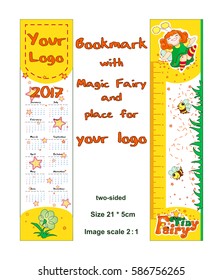 Bilateral bookmarks with a ruler, calendar. At the top of the sticker with the little magic fairy, flowers, grass and bees. Kawaii character in the Japanese style. Cartoon.