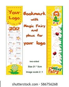 Bilateral bookmarks with a ruler, calendar. At the top of the sticker with the little magic fairy, flowers, grass and ladybird. Kawaii character in the Japanese style. Cartoon.