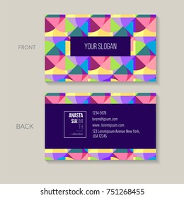 Bilateral business card template in polygons style for creative director. Simple and stylish geometric colorful pattern. Visual identity for cosmetics packaging, beauty and spa studios, flowers shops.