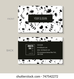 Bilateral business card template in trendy flat style for creative director. Simple and stylish flower pattern. Visual identity for cosmetics packaging, beauty and spa studios, flowers shops.