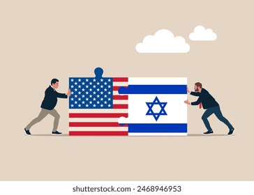 Bilateral cooperation. Connecting puzzle elements jigsaw puzzle United State of America and Israel flags. Vector illustration