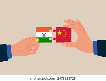 Bilateral cooperation. Connecting puzzle elements jigsaw puzzle China and Indian flags. Vector illustration