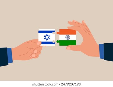 Bilateral cooperation. Connecting puzzle elements jigsaw puzzle Israel and Indian flags. Vector illustration