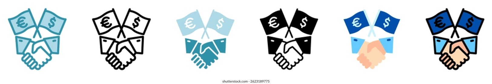 Bilateral Deal multi style, mini illustration icon set. outline, flat, glyph, line color. vector for UI, UX, app, web, digital or print, related to trade war, economic competition, business, finance.