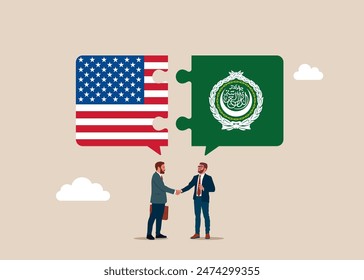 Bilateral political relations and cooperation between United State of America and League of Arab States. Flat vector illustration