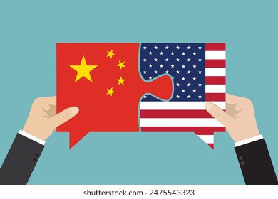 Relaciones políticas bilaterales y cooperación entre Estados Unidos y China. Las manos de la gente de negocios conectan piezas del rompecabezas con banderas después de un trato comercial. Concepto de la asociación de países. Ilustración vectorial plana