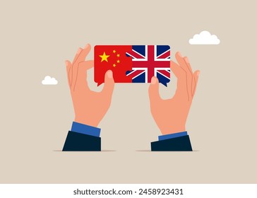 Bilateral political relations. Hands connect Great Britain and China flags. Vector illustration.