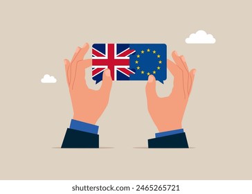 Bilateral political relations. Hands connect Great Britain and European Union flags. Vector illustration.