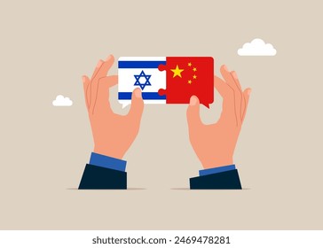 Bilateral political relations. Hands connect China and Israel flags. Vector illustration.