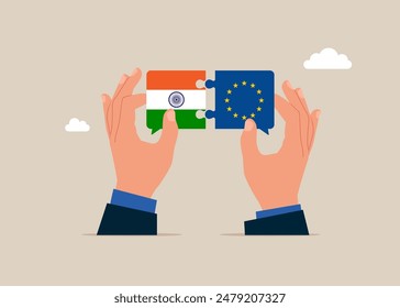 Bilateral political relations. Hands connect European Union and India flags. Flat vector illustration.