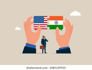 Bilateral political relations. Hands connect India and USA flags. Flat vector illustration.