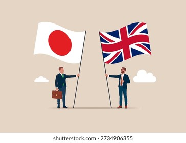 Relações políticas bilaterais. Duas bandeiras de amizade. Empresários unidos entre o Japão e seus países amigos Reino Unido. Ilustração vetorial plana.