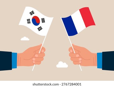 Bilateral political relations. Two flags of friendship. Businesspeople united between South Korea and its friendly countries France. Flat vector illustration.